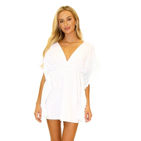 Seaspice Isla Cover Up Mini Dress White L NWT Cotton Crochet Sleeve Beach Resort - Picture 1 of 7